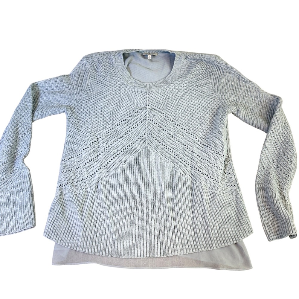 Cable & Gauge Blue Metallic Shimmer Layered Look Pointelle Sweater Womens Medium